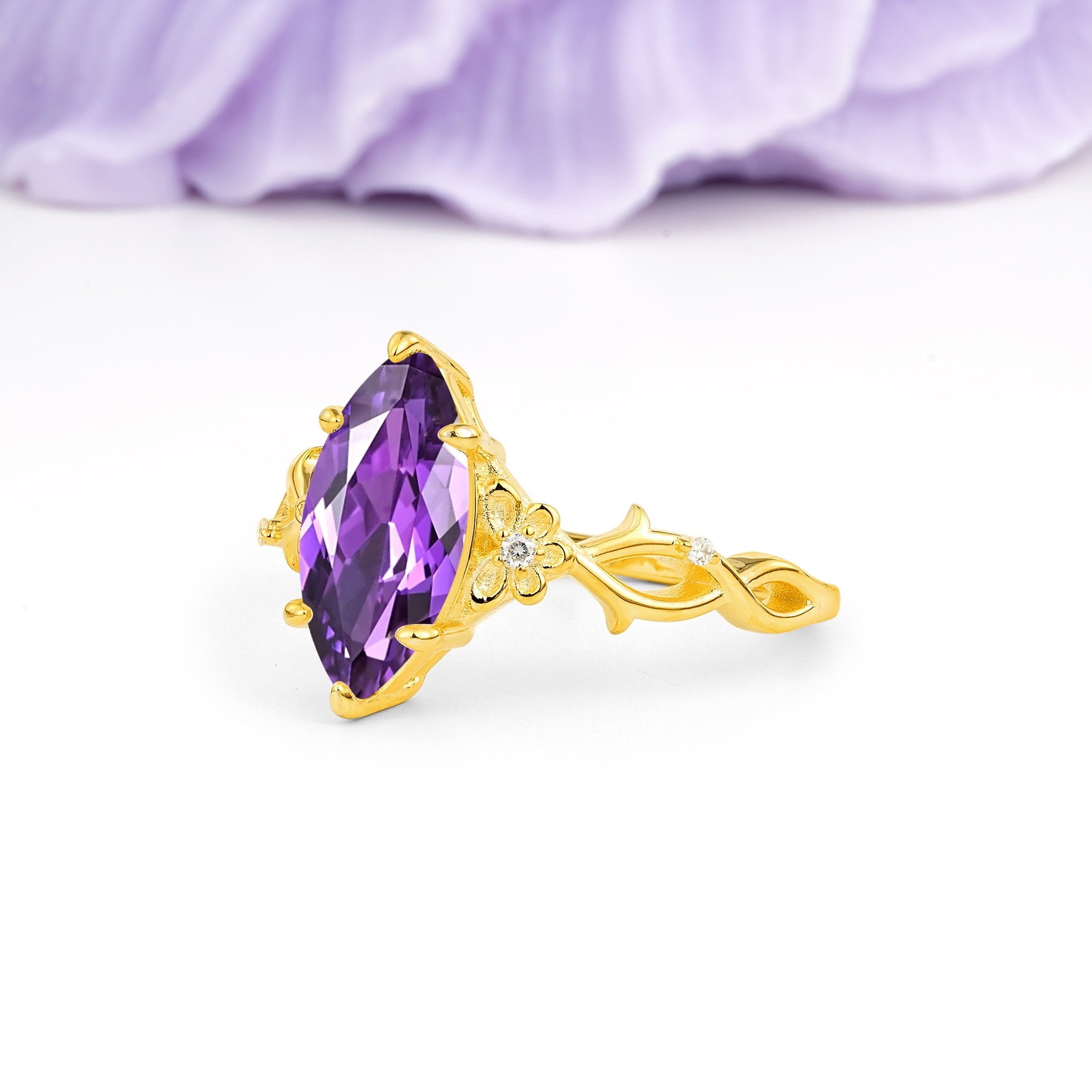Marquise Cut Solitaire Open Floral Vine Filigree Side Accent Amethyst Engagement Ring - Additional view