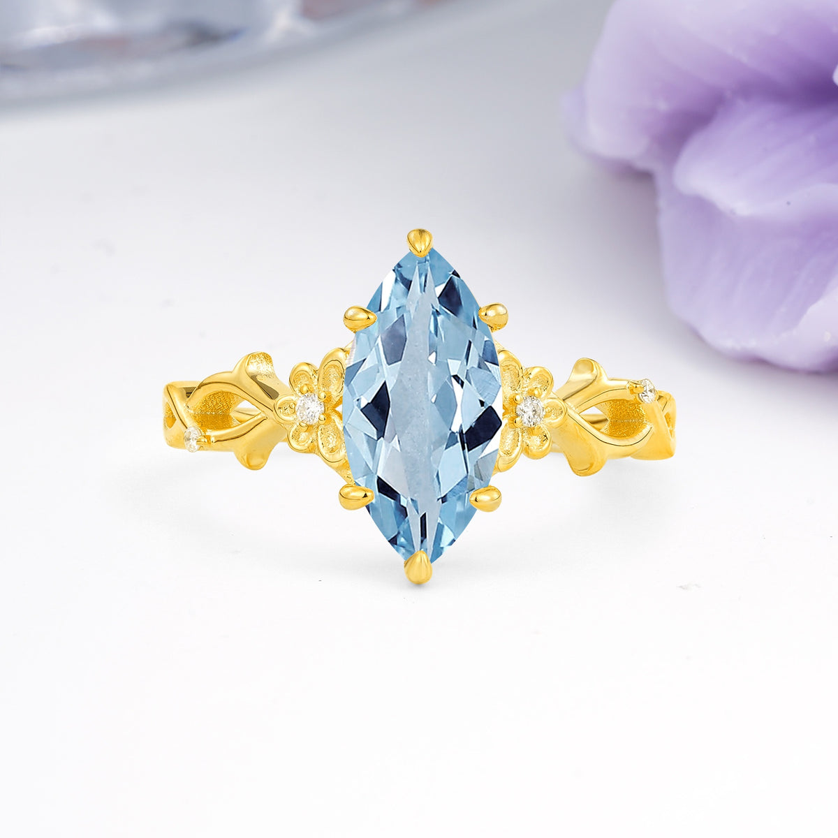 Marquise Cut Solitaire Open Floral Vine Filigree Side Accent Aquamarine Engagement Ring - Additional view