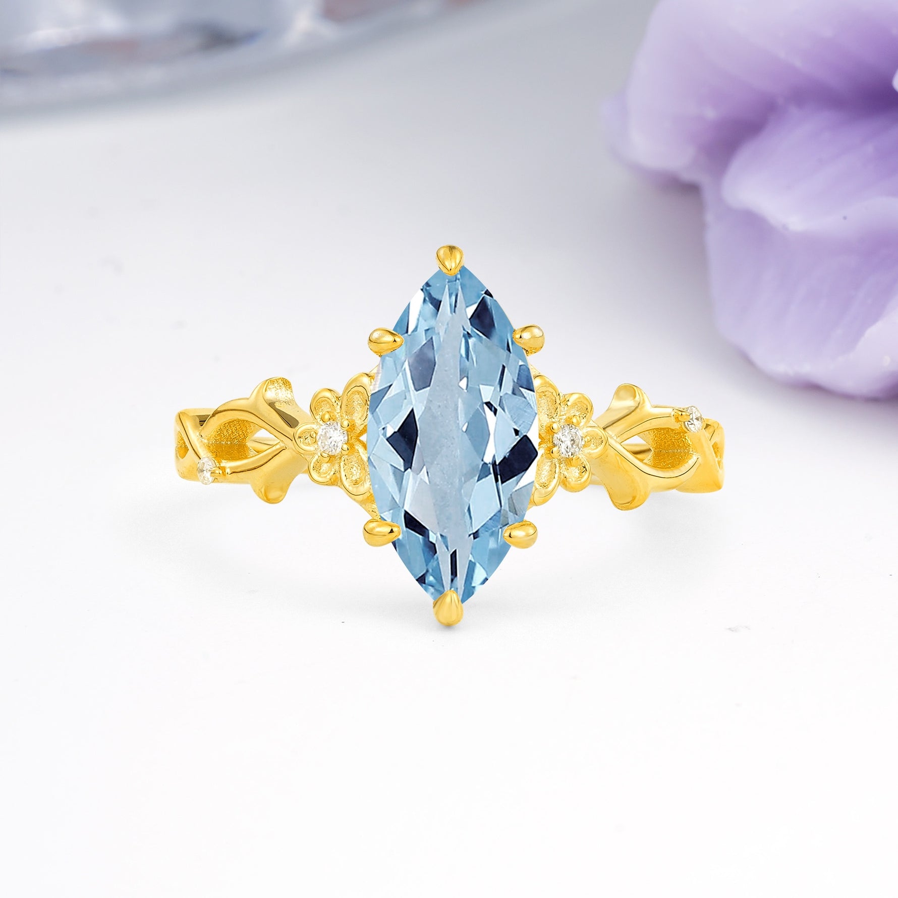 Marquise Cut Solitaire Open Floral Vine Filigree Side Accent Aquamarine Engagement Ring - Additional view