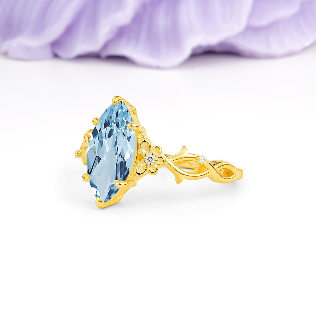 Marquise Cut Solitaire Open Floral Vine Filigree Side Accent Aquamarine Engagement Ring - Additional view