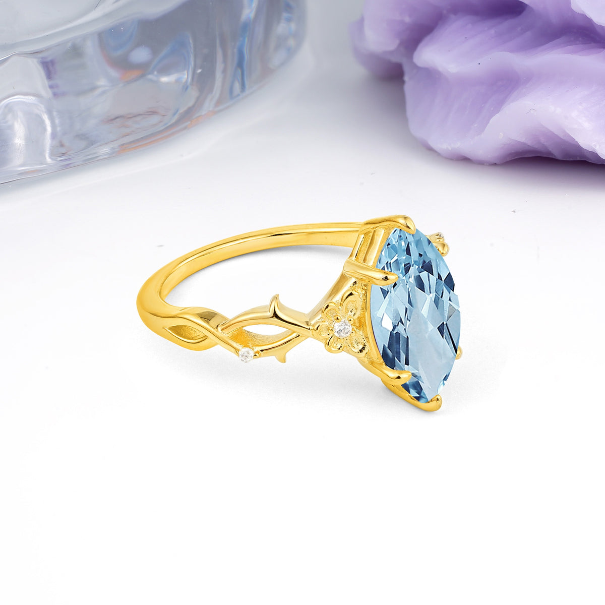 Marquise Cut Solitaire Open Floral Vine Filigree Side Accent Aquamarine Engagement Ring - Additional view