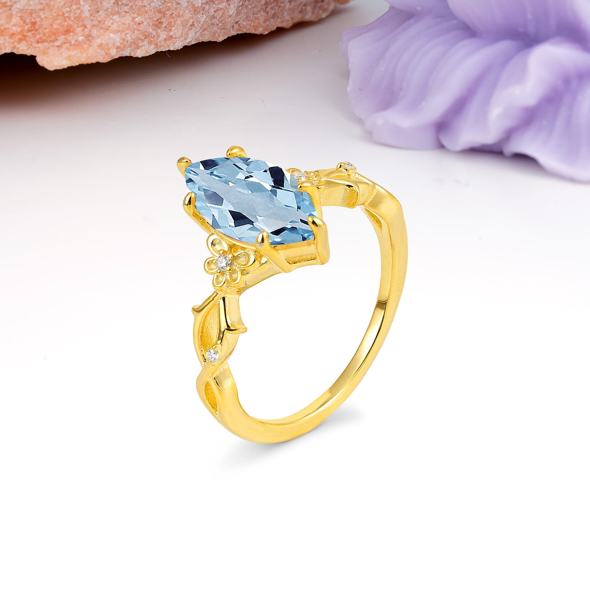 Marquise Cut Solitaire Open Floral Vine Filigree Side Accent Aquamarine Engagement Ring - Additional view
