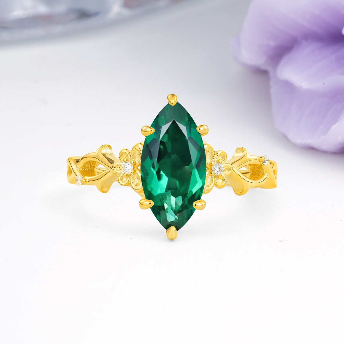 Marquise Cut Solitaire Open Floral Vine Filigree Side Accent Emerald Engagement Ring - Additional view