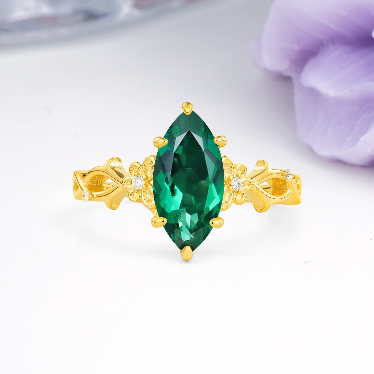 Marquise Cut Solitaire Open Floral Vine Filigree Side Accent Emerald Engagement Ring - Additional view