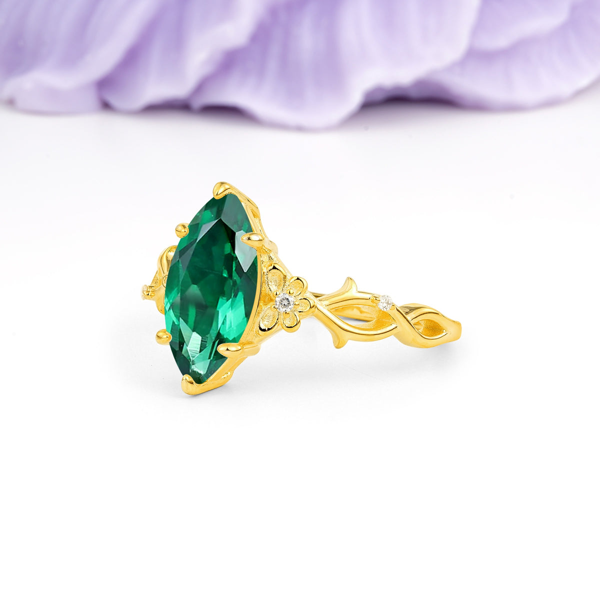 Marquise Cut Solitaire Open Floral Vine Filigree Side Accent Emerald Engagement Ring - Additional view