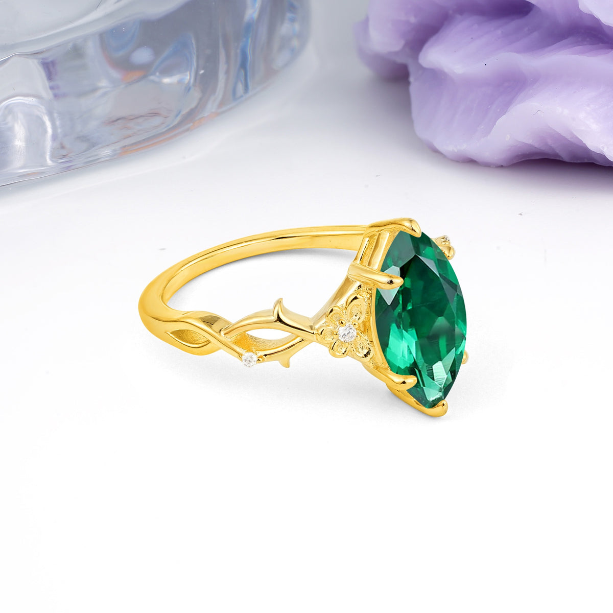 Marquise Cut Solitaire Open Floral Vine Filigree Side Accent Emerald Engagement Ring - Additional view