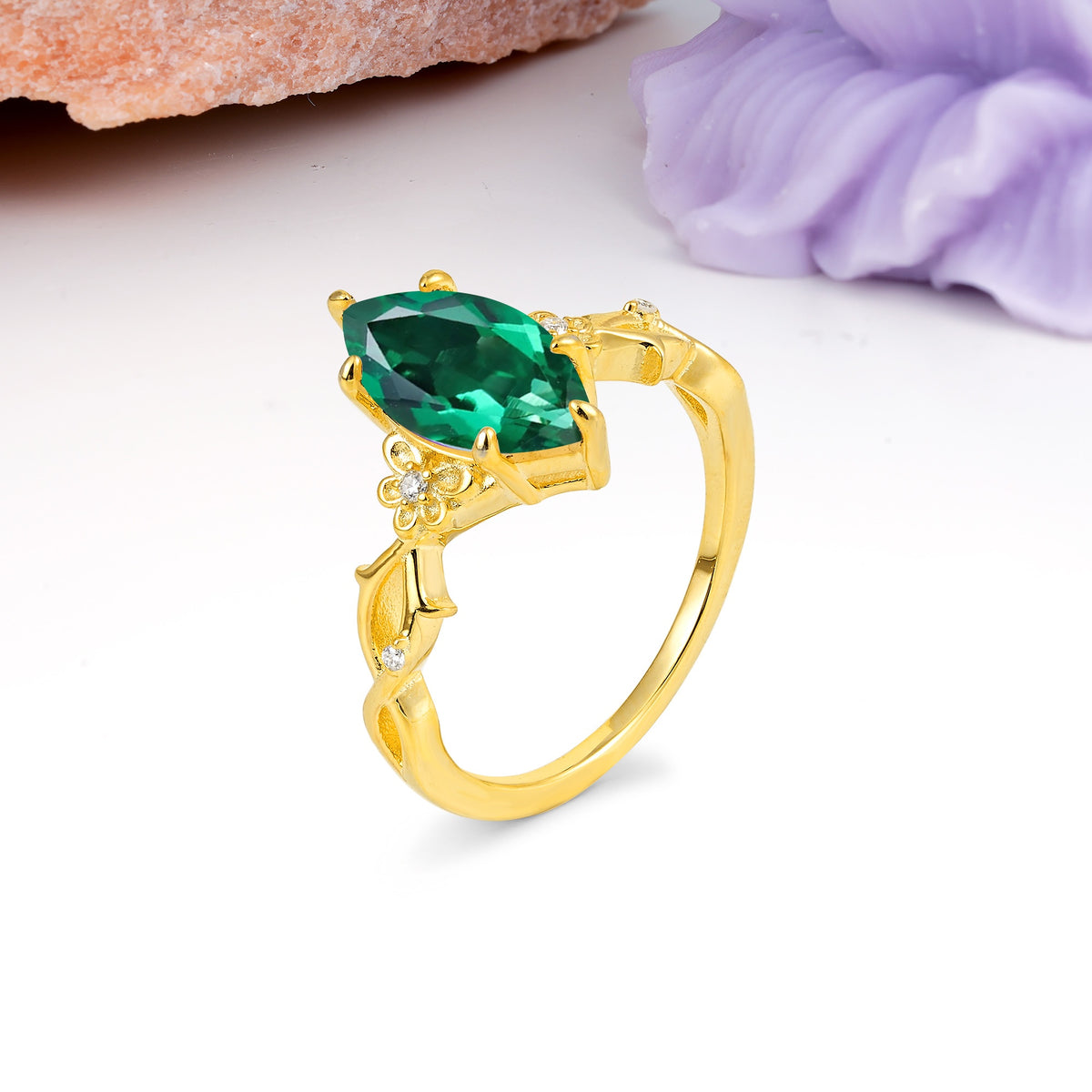 Marquise Cut Solitaire Open Floral Vine Filigree Side Accent Emerald Engagement Ring - Additional view