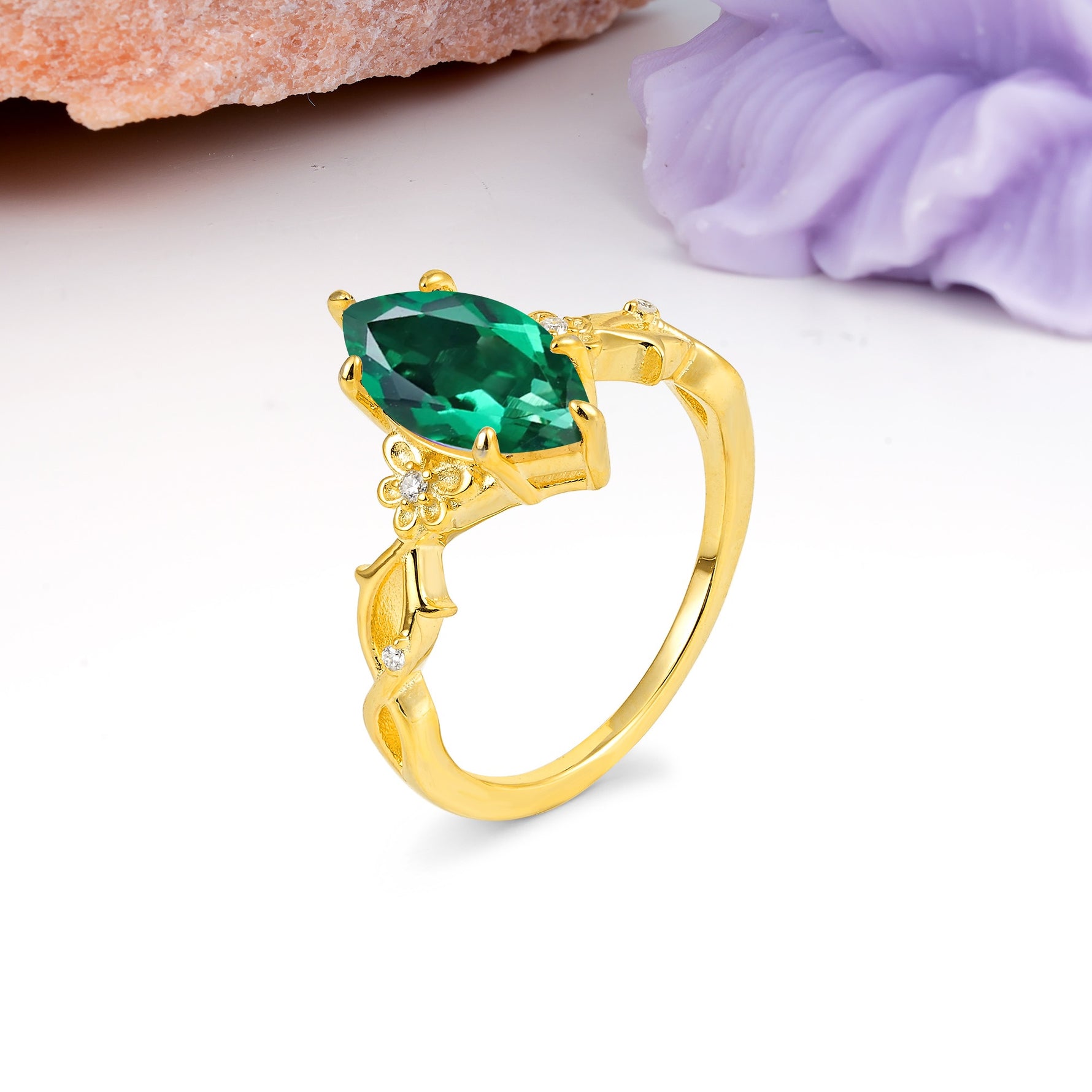 Marquise Cut Solitaire Open Floral Vine Filigree Side Accent Emerald Engagement Ring - Additional view