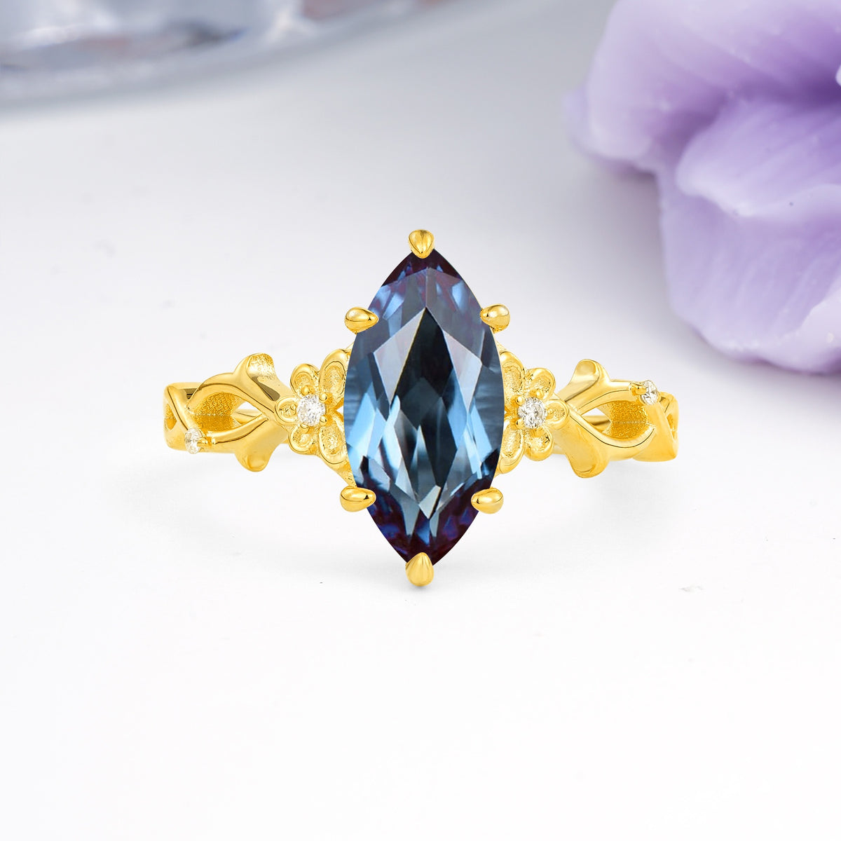 Marquise Cut Solitaire Open Floral Vine Filigree Side Accent Alexandrite Engagement Ring - Additional view