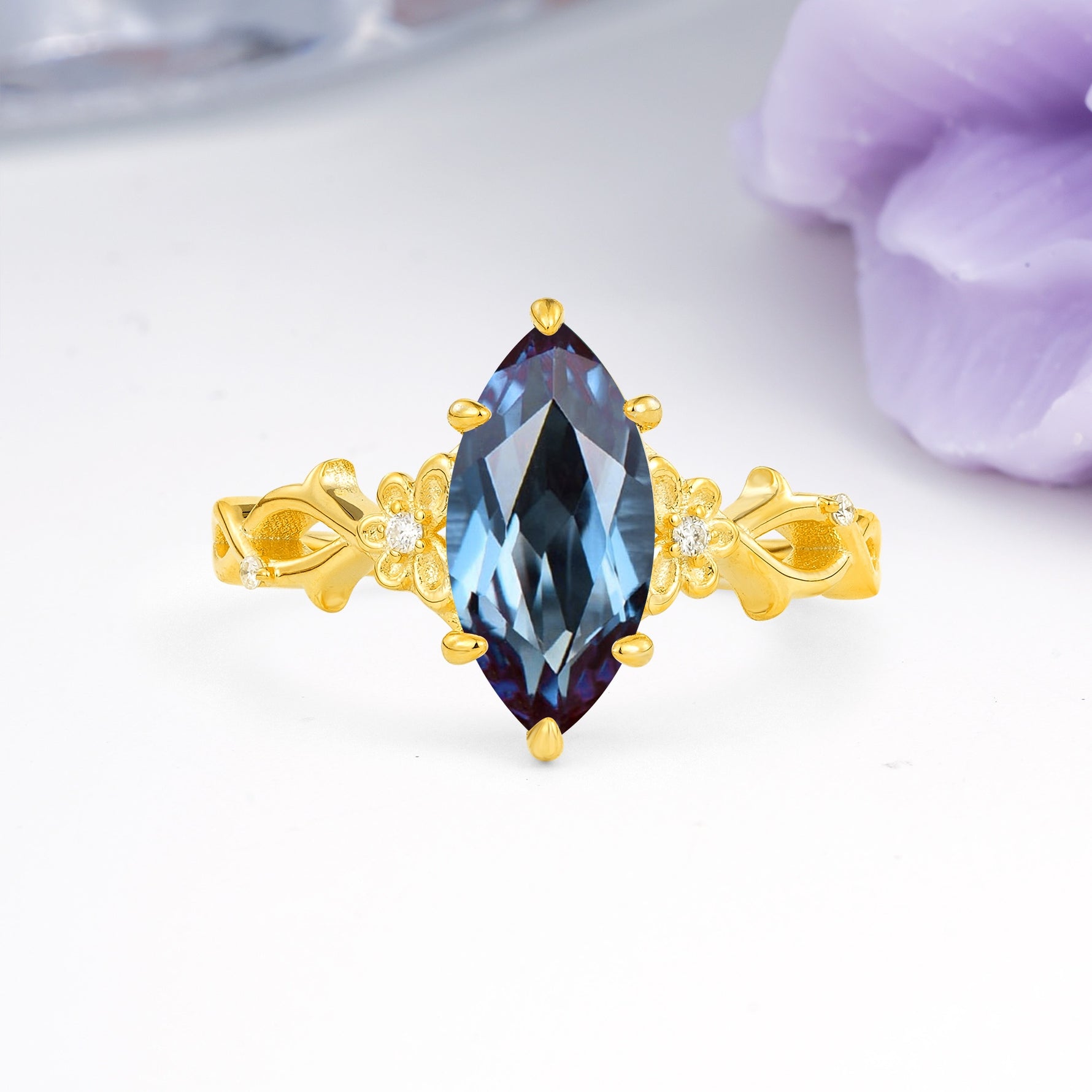 Marquise Cut Solitaire Open Floral Vine Filigree Side Accent Alexandrite Engagement Ring - Additional view