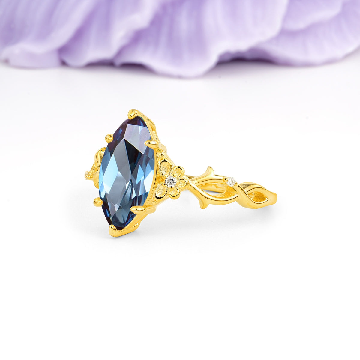 Marquise Cut Solitaire Open Floral Vine Filigree Side Accent Alexandrite Engagement Ring - Additional view