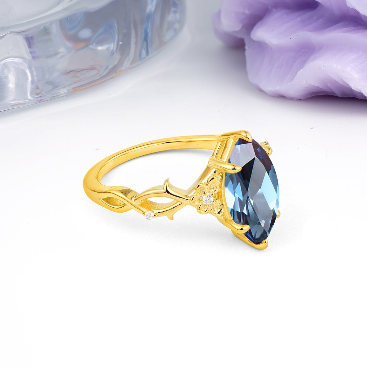 Marquise Cut Solitaire Open Floral Vine Filigree Side Accent Alexandrite Engagement Ring - Additional view