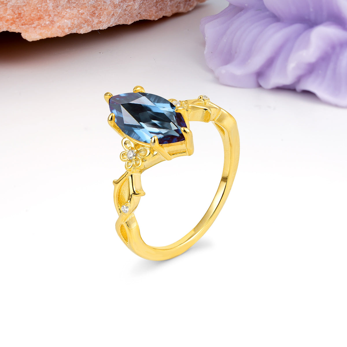Marquise Cut Solitaire Open Floral Vine Filigree Side Accent Alexandrite Engagement Ring - Additional view