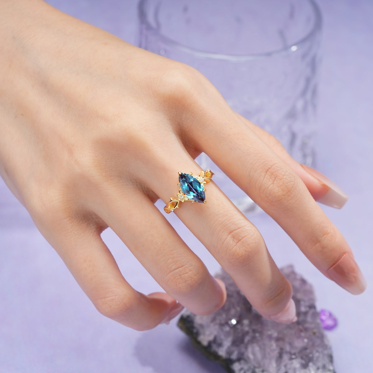 Marquise Cut Solitaire Open Floral Vine Filigree Side Accent Alexandrite Engagement Ring - Additional view