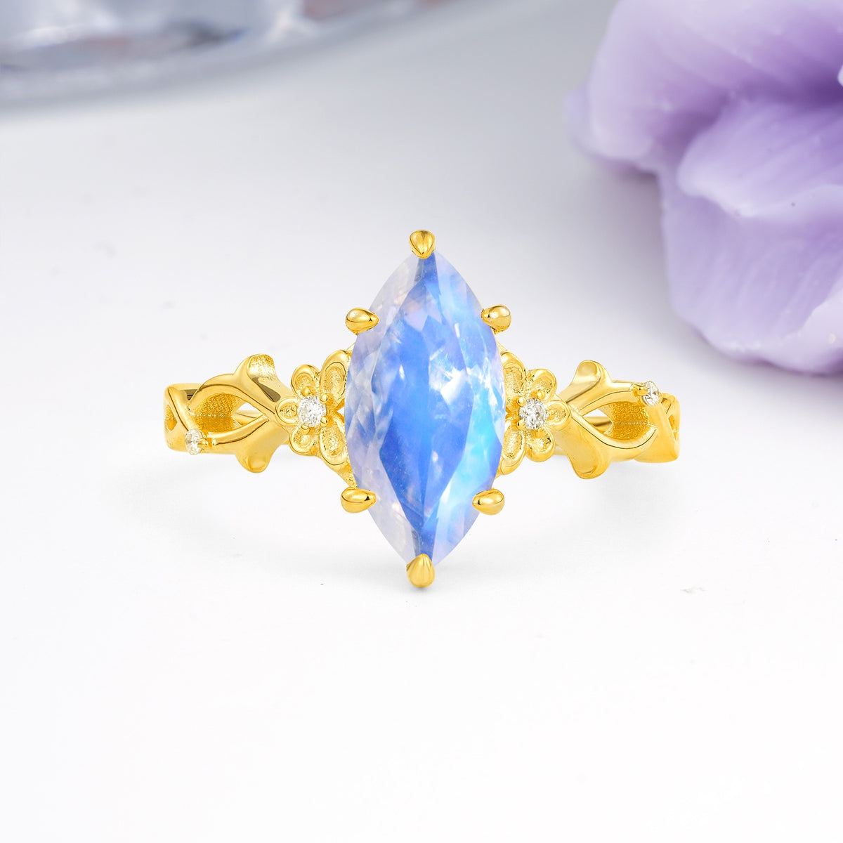 Marquise Cut Solitaire Open Floral Vine Filigree Side Accent Moonstone Engagement Ring - Additional view