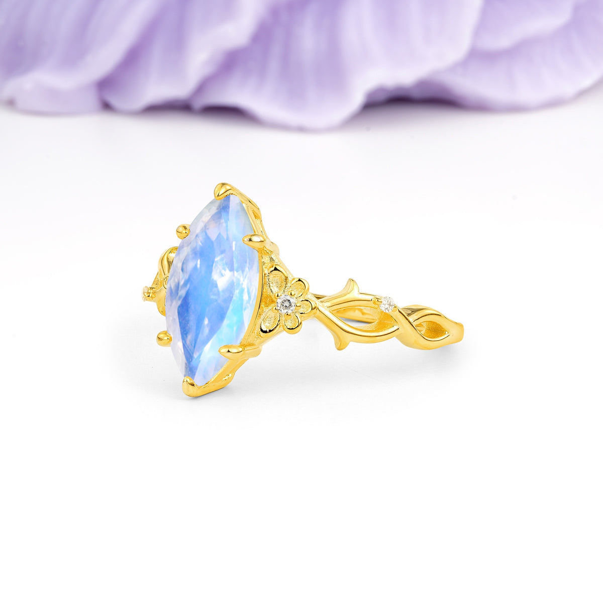 Marquise Cut Solitaire Open Floral Vine Filigree Side Accent Moonstone Engagement Ring - Additional view
