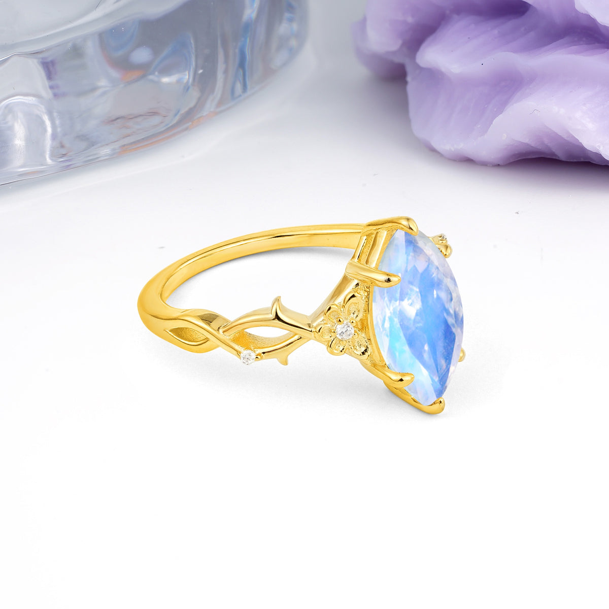 Marquise Cut Solitaire Open Floral Vine Filigree Side Accent Moonstone Engagement Ring - Additional view
