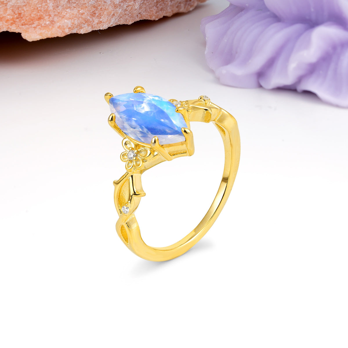 Marquise Cut Solitaire Open Floral Vine Filigree Side Accent Moonstone Engagement Ring - Additional view