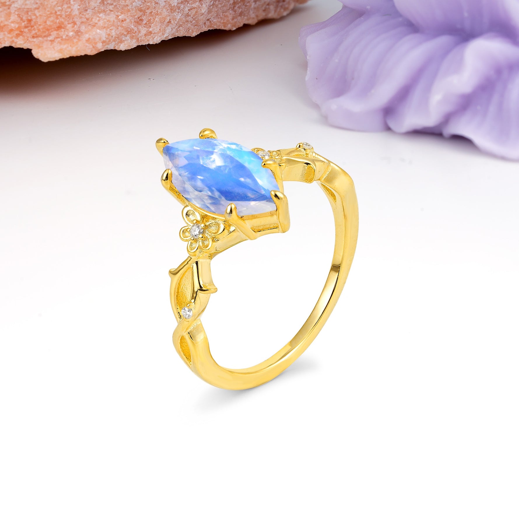 Marquise Cut Solitaire Open Floral Vine Filigree Side Accent Moonstone Engagement Ring - Additional view