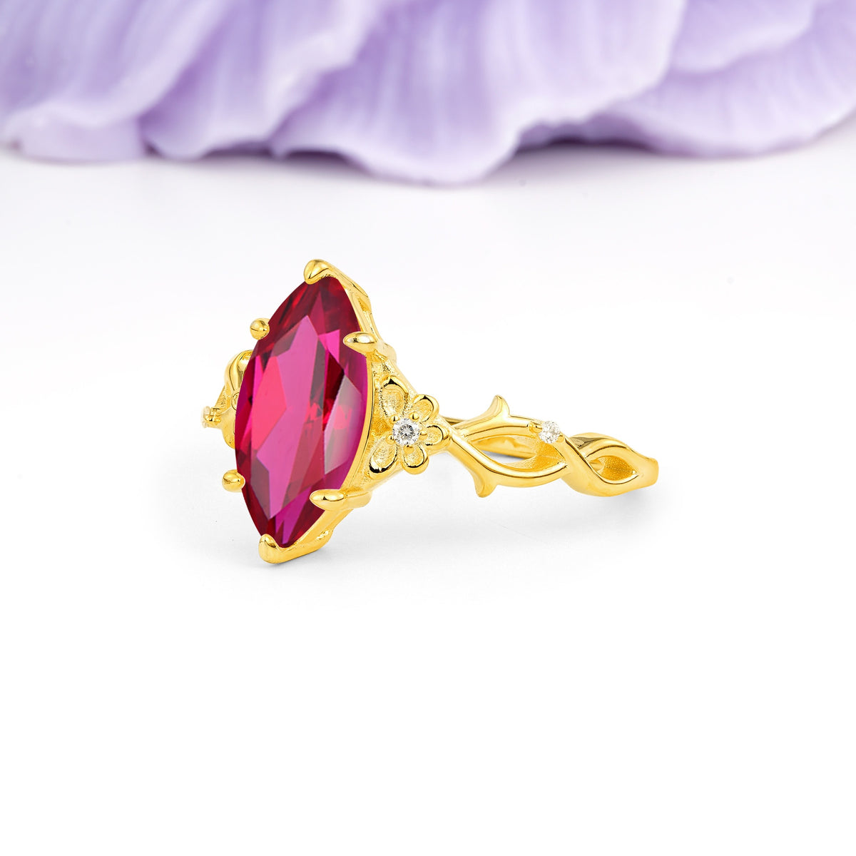 Marquise Cut Solitaire Open Floral Vine Filigree Side Accent Ruby Engagement Ring - Additional view