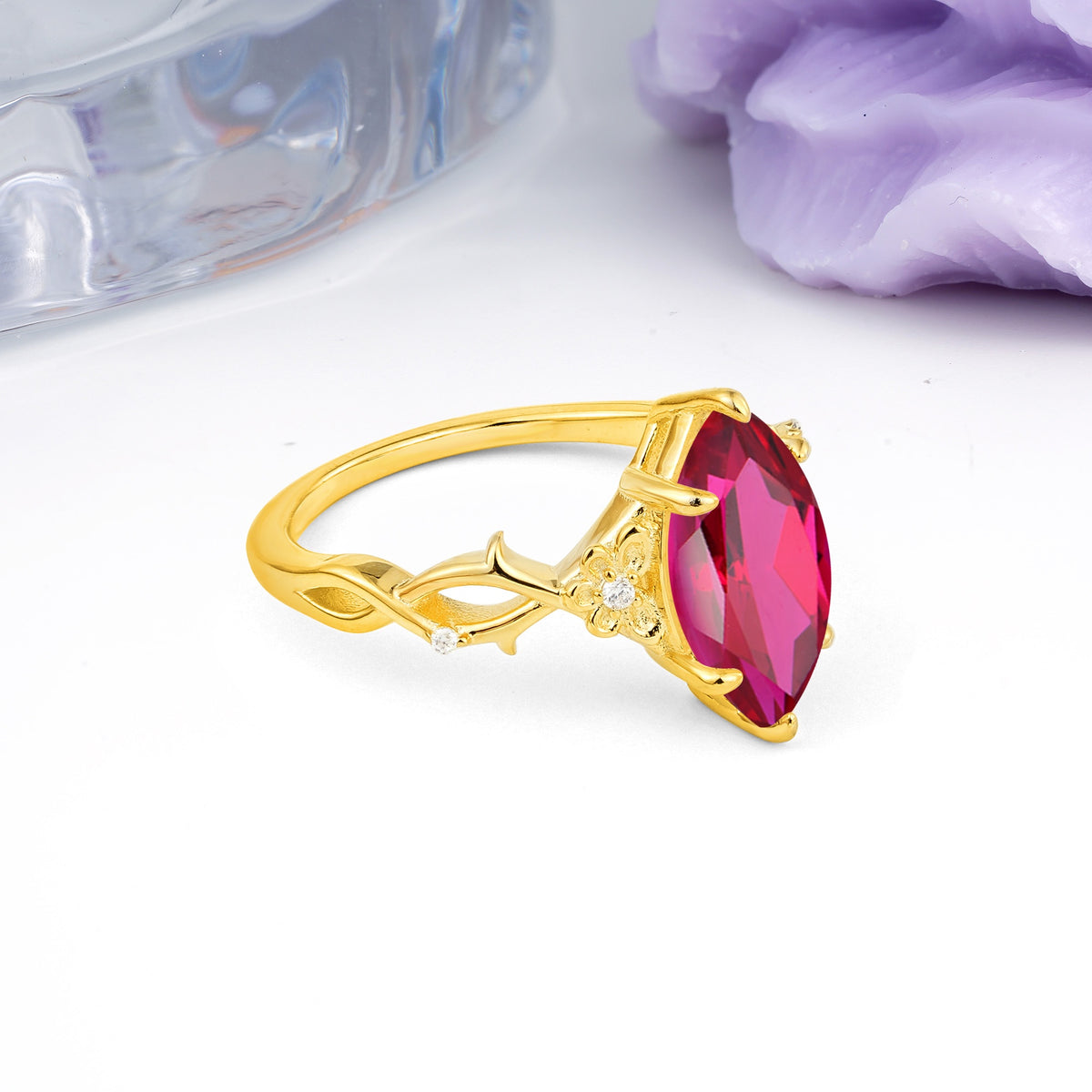 Marquise Cut Solitaire Open Floral Vine Filigree Side Accent Ruby Engagement Ring - Additional view