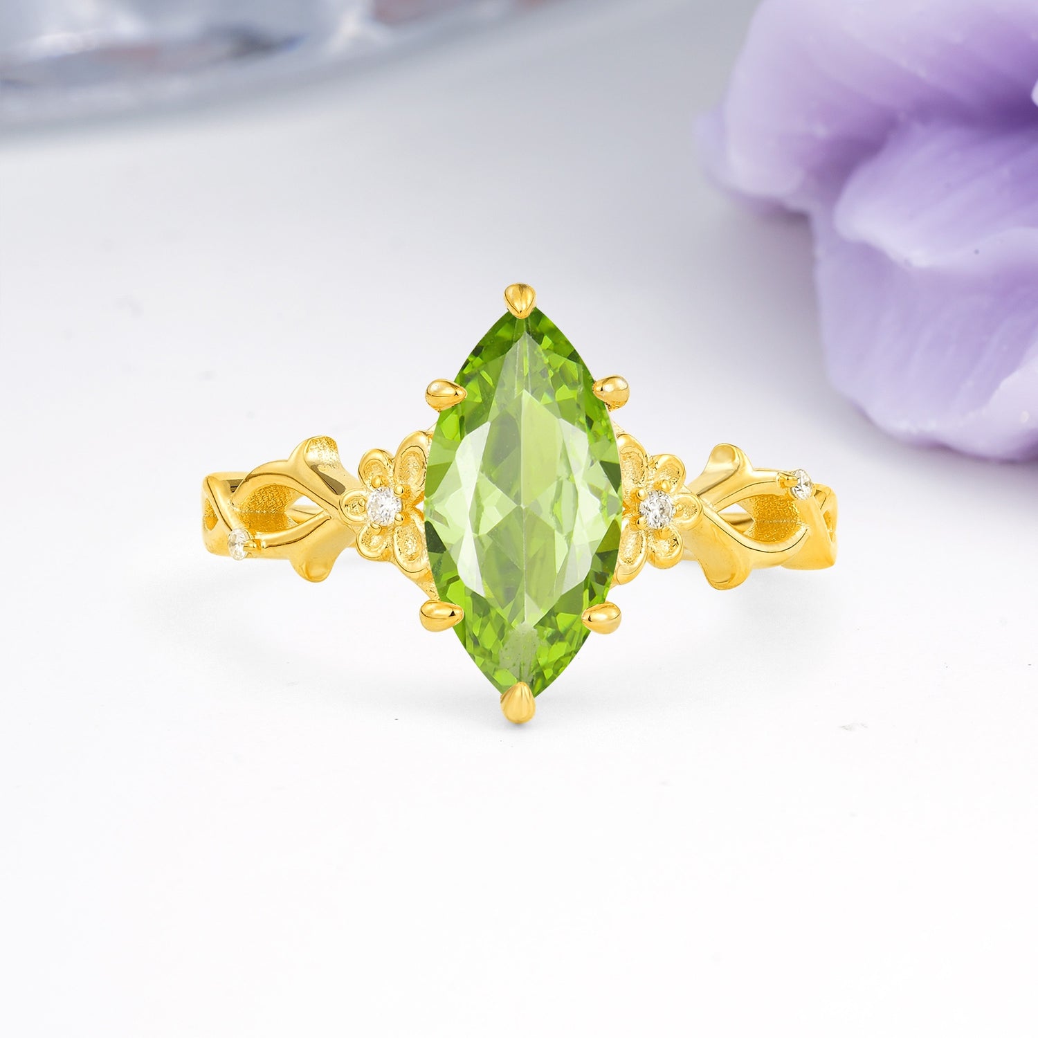 Marquise Cut Solitaire Open Floral Vine Filigree Side Accent Peridot Engagement Ring - Additional view