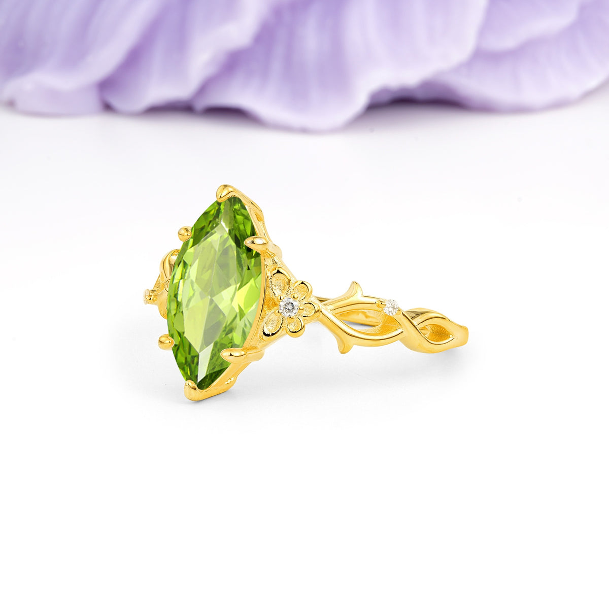 Marquise Cut Solitaire Open Floral Vine Filigree Side Accent Peridot Engagement Ring - Additional view