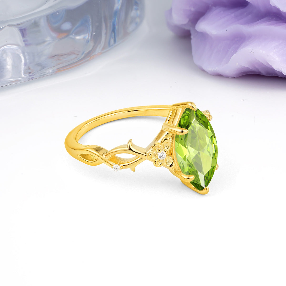 Marquise Cut Solitaire Open Floral Vine Filigree Side Accent Peridot Engagement Ring - Additional view