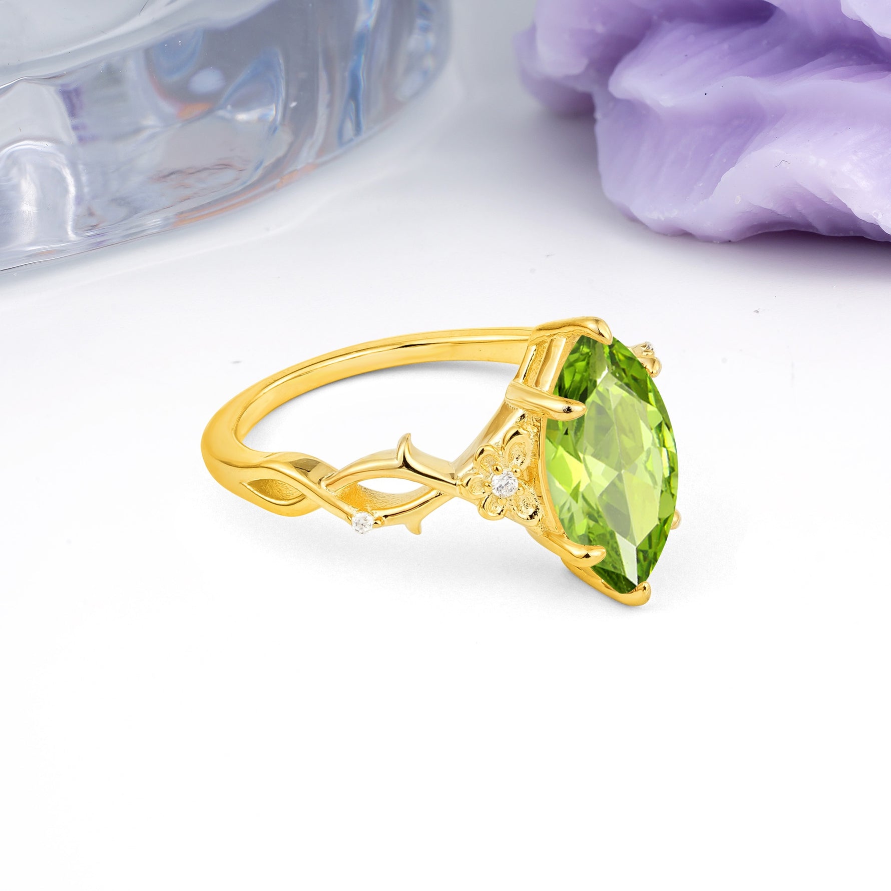 Marquise Cut Solitaire Open Floral Vine Filigree Side Accent Peridot Engagement Ring - Additional view