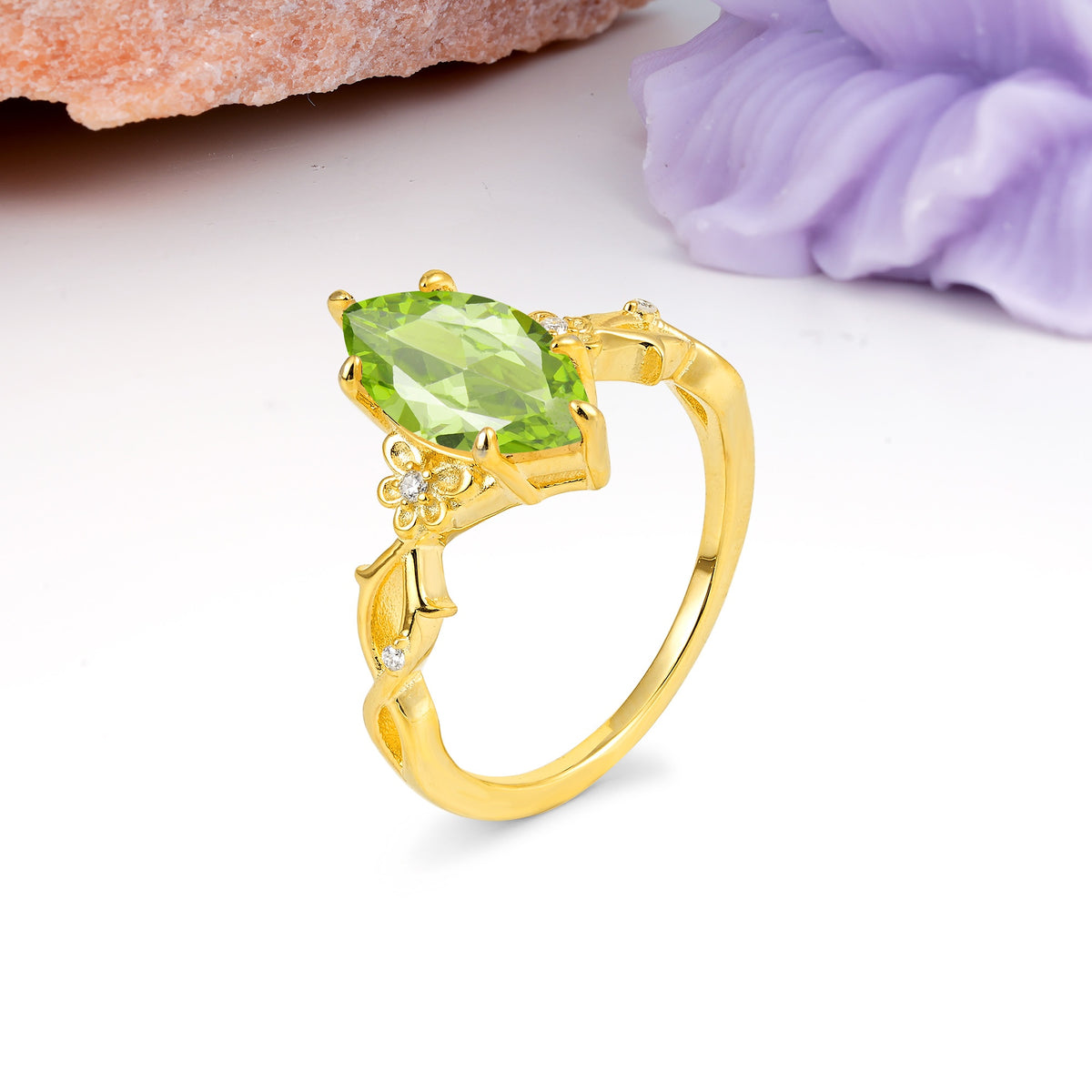 Marquise Cut Solitaire Open Floral Vine Filigree Side Accent Peridot Engagement Ring - Additional view