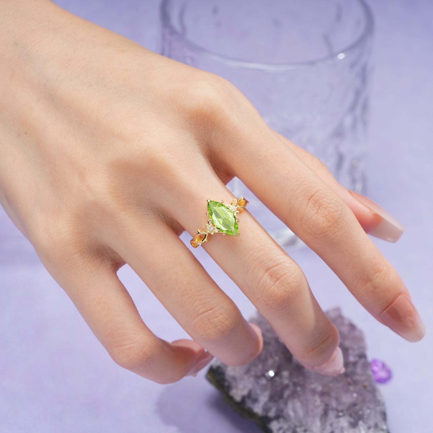 Marquise Cut Solitaire Open Floral Vine Filigree Side Accent Peridot Engagement Ring - Additional view