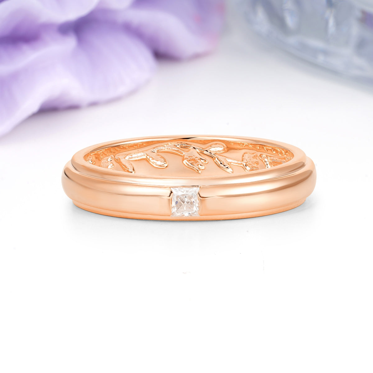 Wide Domed Comfort Fit Exterior Single Princess Cut Inset Interior Embossed Floral Vine Moissanite Wedding Ring - Additional view