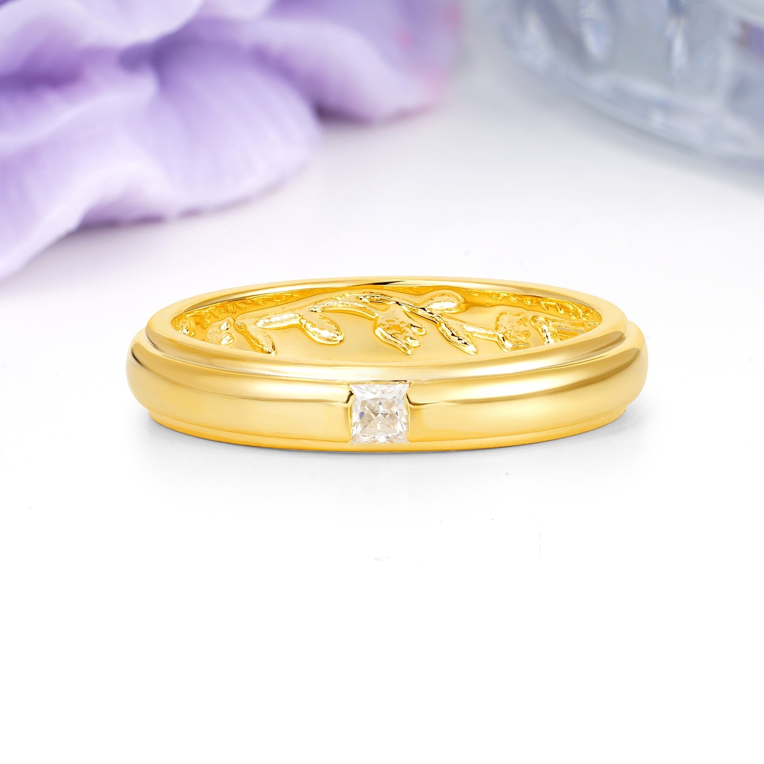 Wide Domed Comfort Fit Exterior Single Princess Cut Inset Interior Embossed Floral Vine Moissanite Wedding Ring