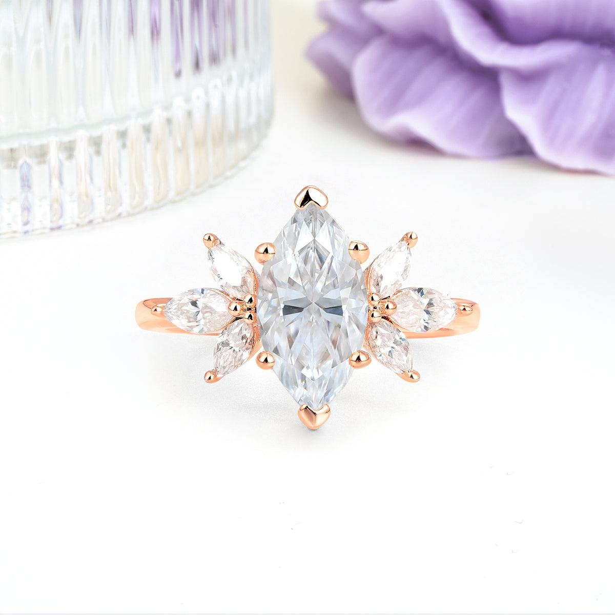 Large Marquise Center Solitaire Symmetric Three Marquise Cut Side PetalMoissanite Engagement Ring - Additional view