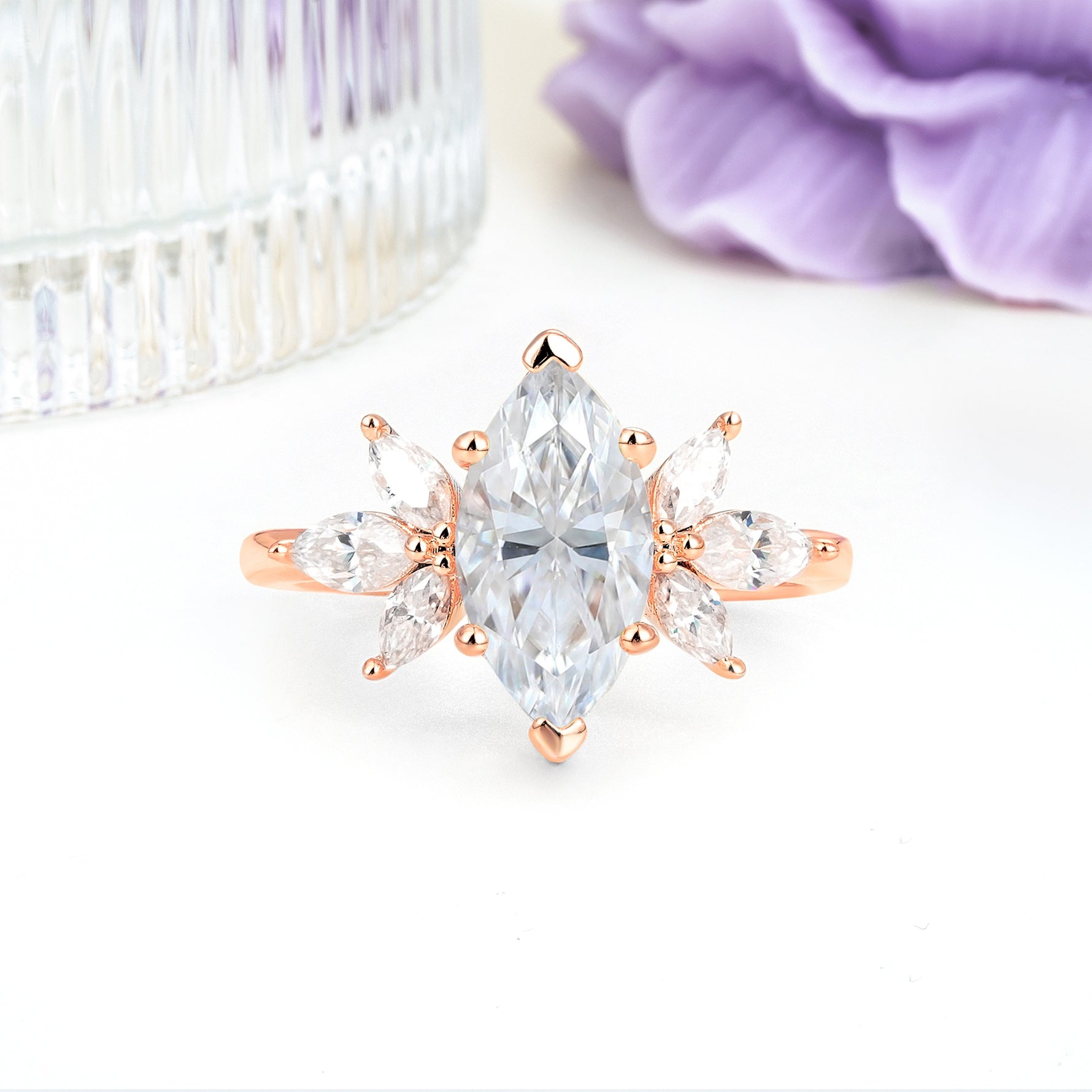 Large Marquise Center Solitaire Symmetric Three Marquise Cut Side PetalMoissanite Engagement Ring - Additional view