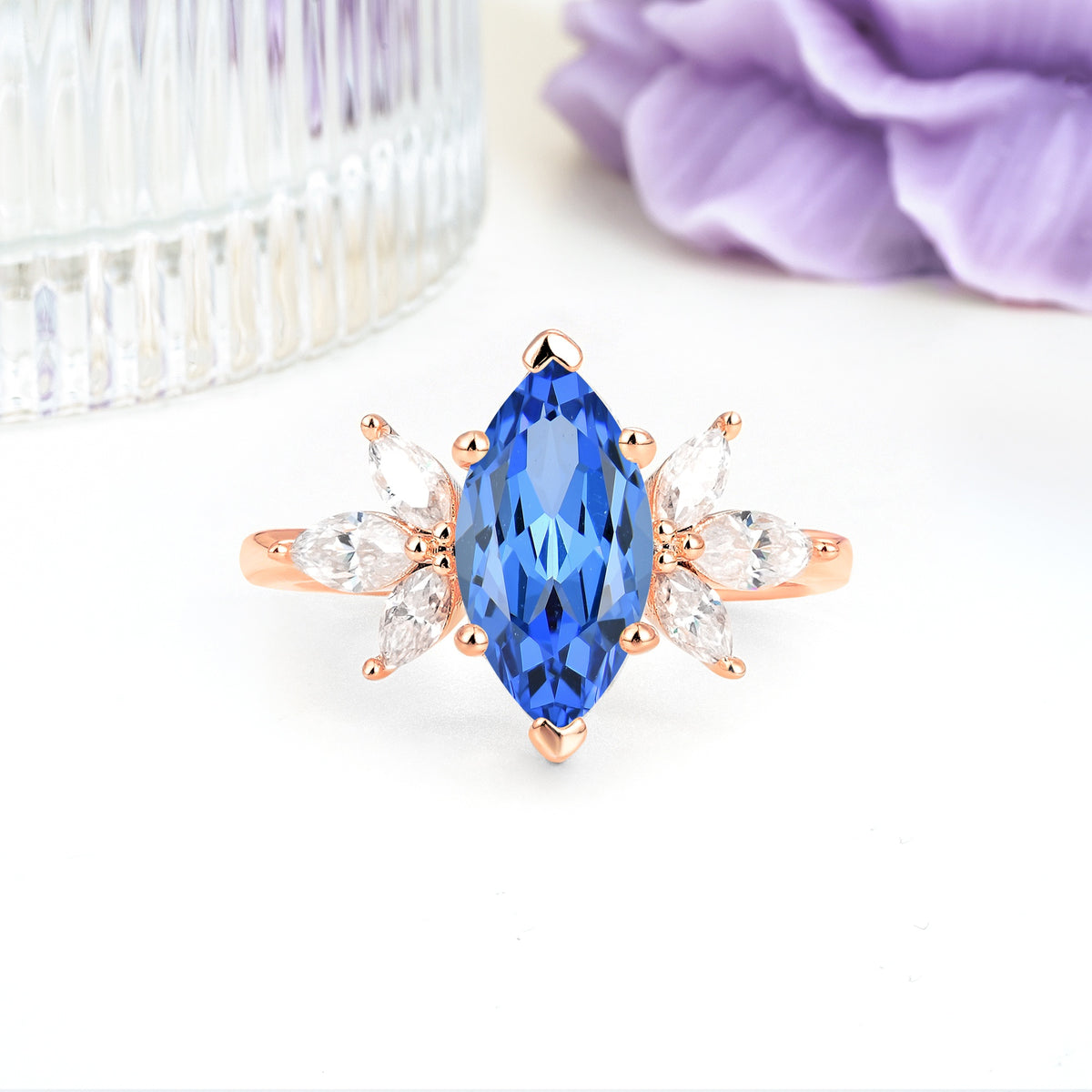 Large Marquise Center Solitaire Symmetric Three Marquise Cut Side PetalSapphire Engagement Ring - Additional view