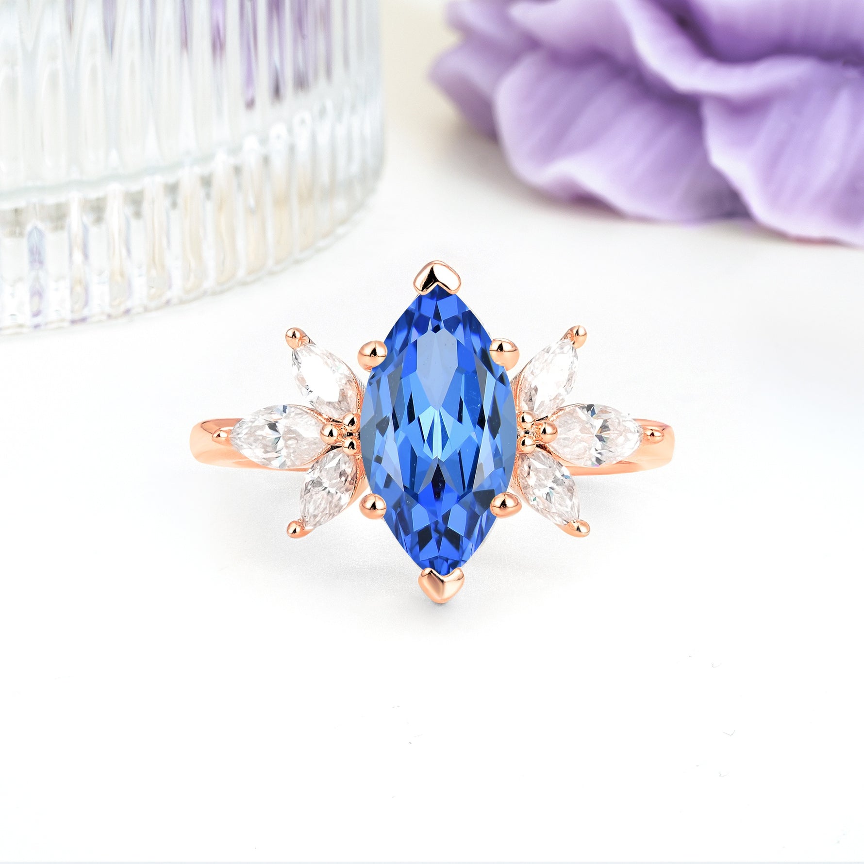 Large Marquise Center Solitaire Symmetric Three Marquise Cut Side PetalSapphire Engagement Ring - Additional view