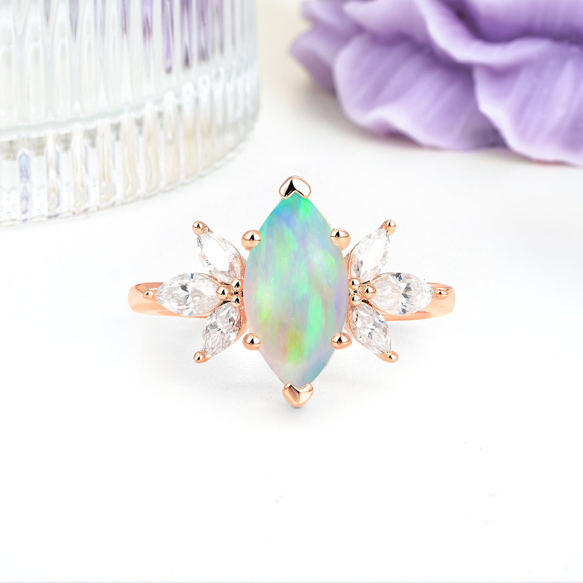 Large Marquise Center Solitaire Symmetric Three Marquise Cut Side PetalFire Opal Engagement Ring - Additional view