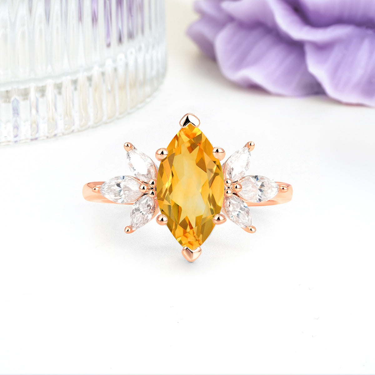 Large Marquise Center Solitaire Symmetric Three Marquise Cut Side PetalCitrine Engagement Ring - Additional view