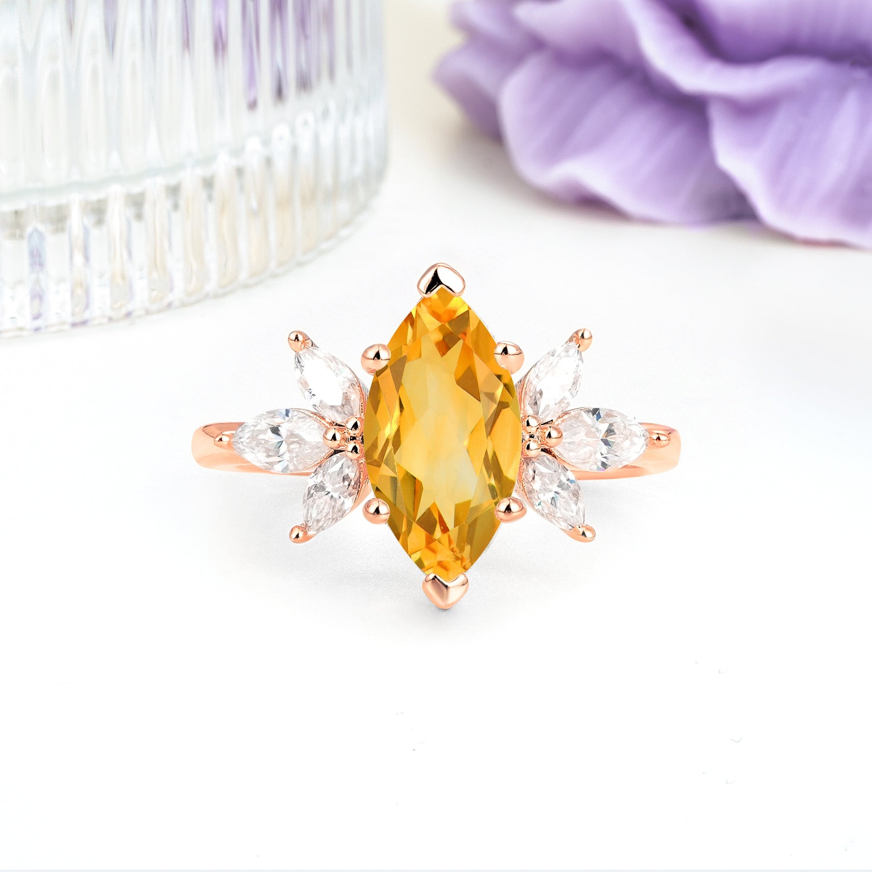 Large Marquise Center Solitaire Symmetric Three Marquise Cut Side PetalCitrine Engagement Ring - Additional view