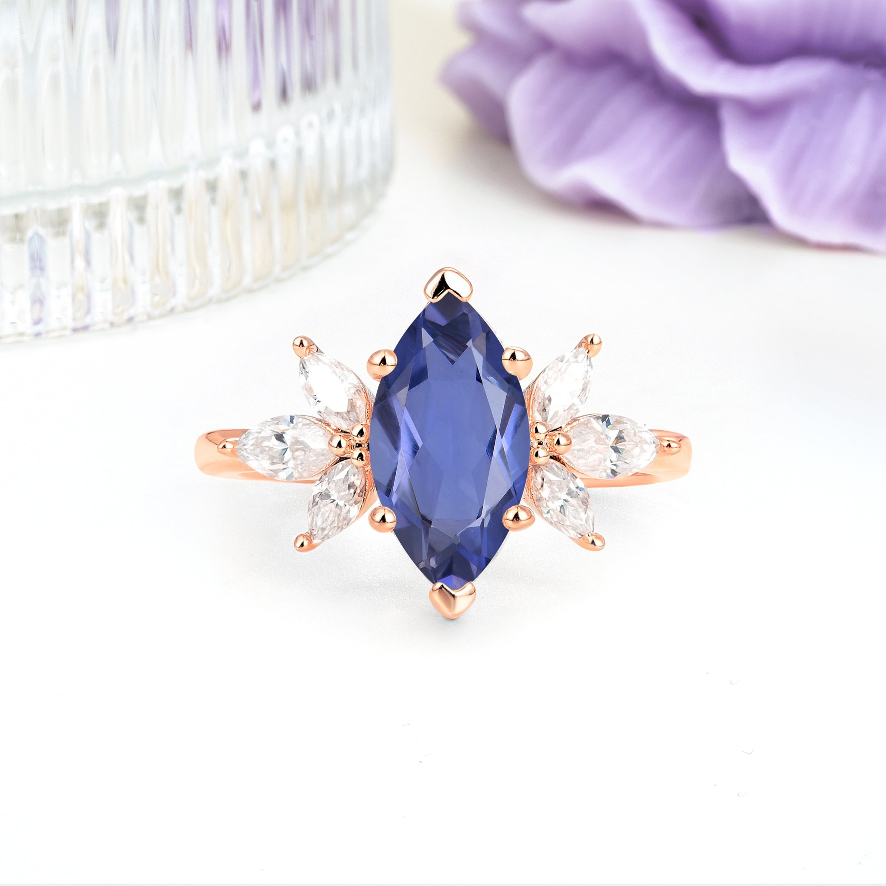 Large Marquise Center Solitaire Symmetric Three Marquise Cut Side PetalTanzanite Engagement Ring - Additional view