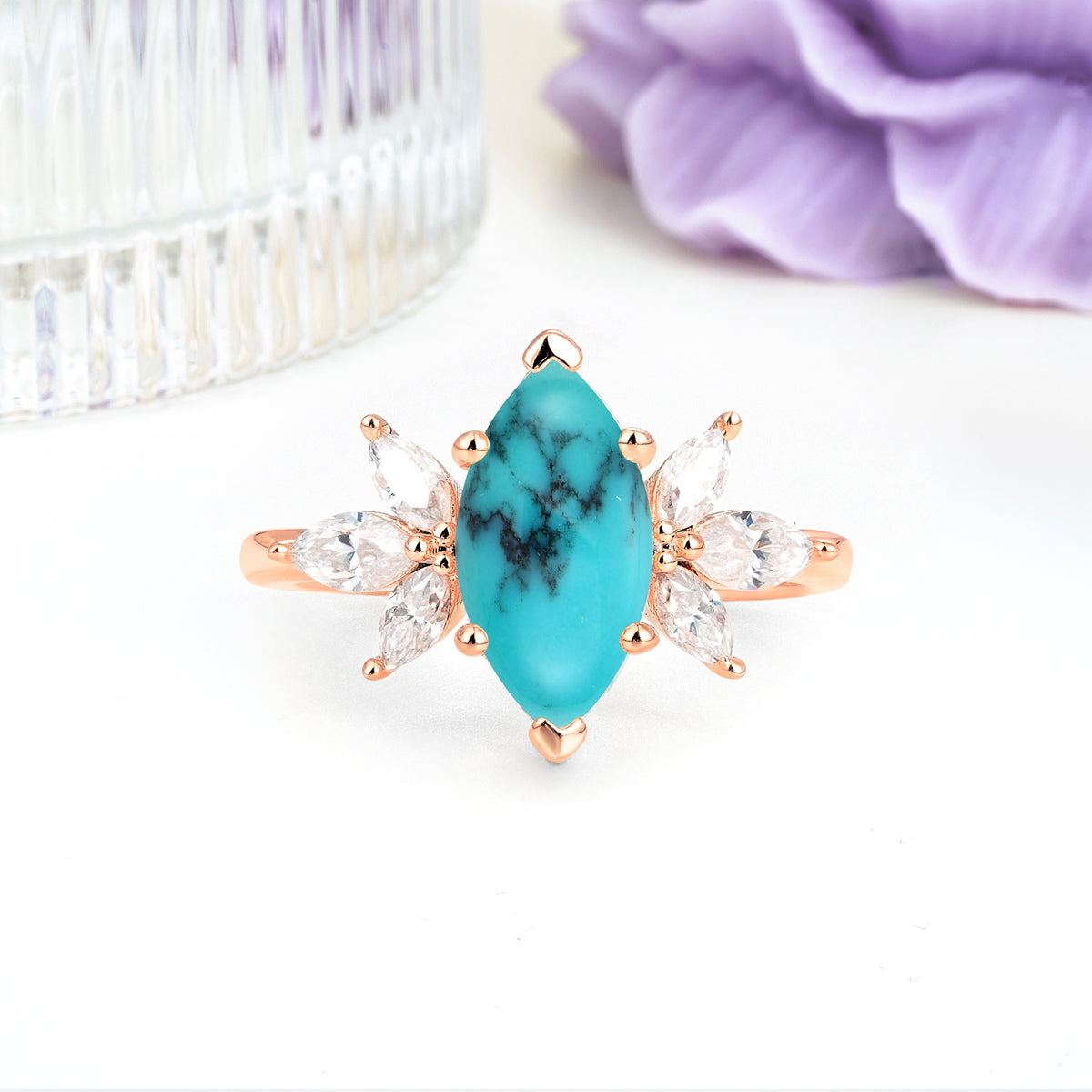 Large Marquise Center Solitaire Symmetric Three Marquise Cut Side PetalTurquoise Engagement Ring - Additional view