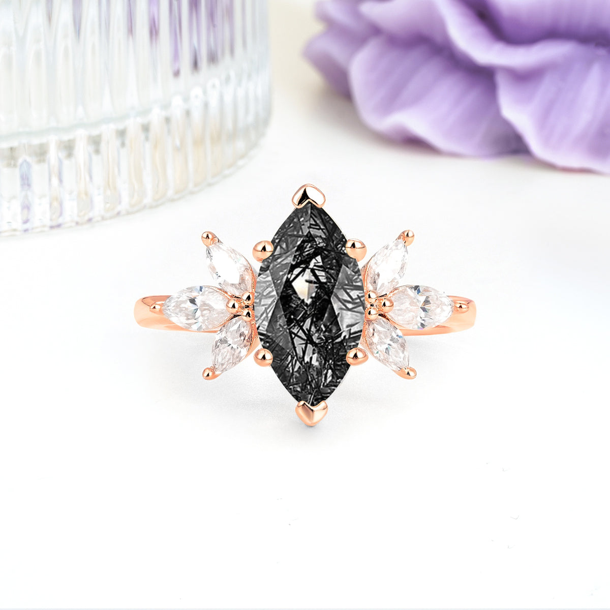 Large Marquise Center Solitaire Symmetric Three Marquise Cut Side PetalBlack Rutilated Quartz Engagement Ring - Additional view