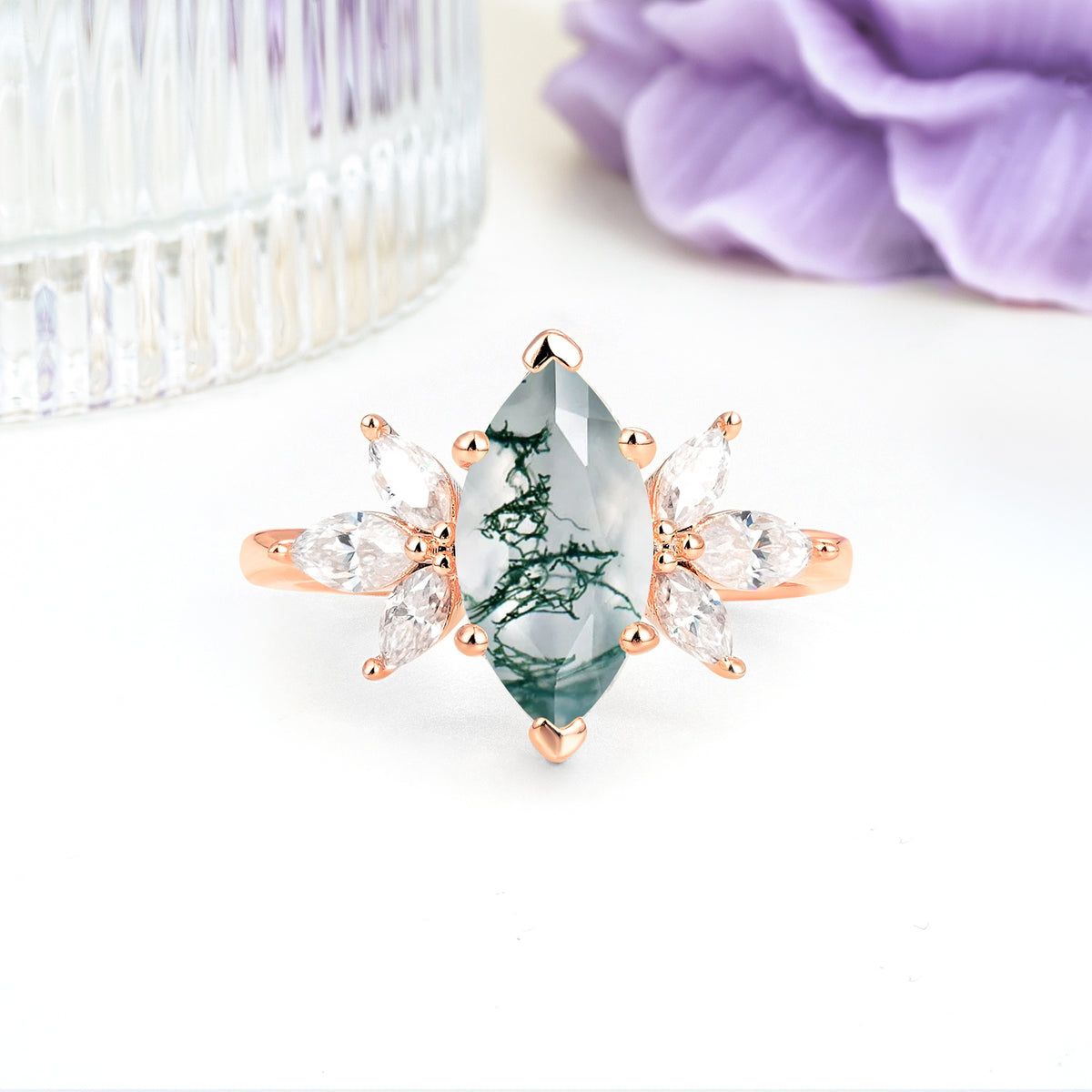 Large Marquise Center Solitaire Symmetric Three Marquise Cut Side PetalMoss Agate Engagement Ring - Additional view