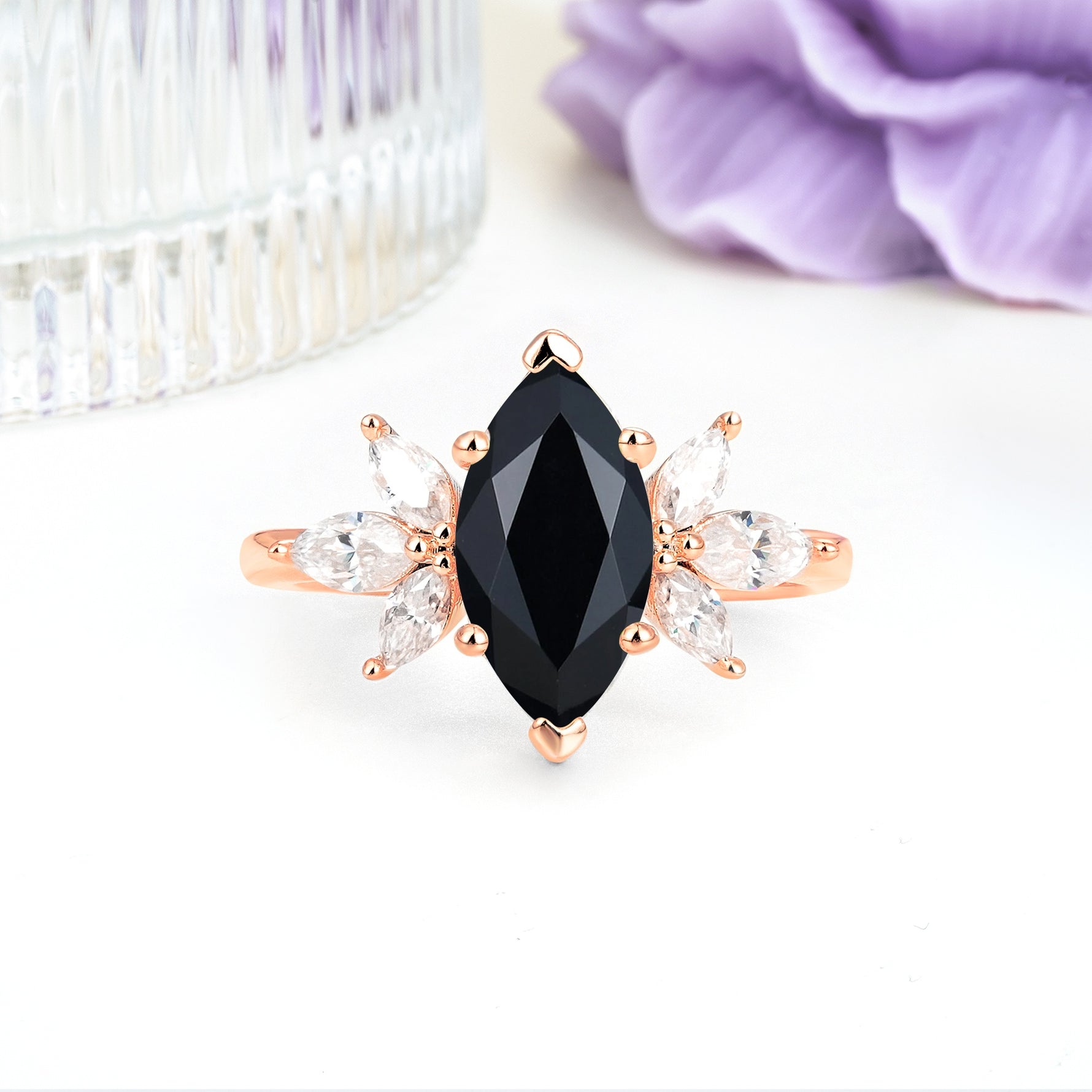 Large Marquise Center Solitaire Symmetric Three Marquise Cut Side PetalBlack Onyx Engagement Ring - Additional view