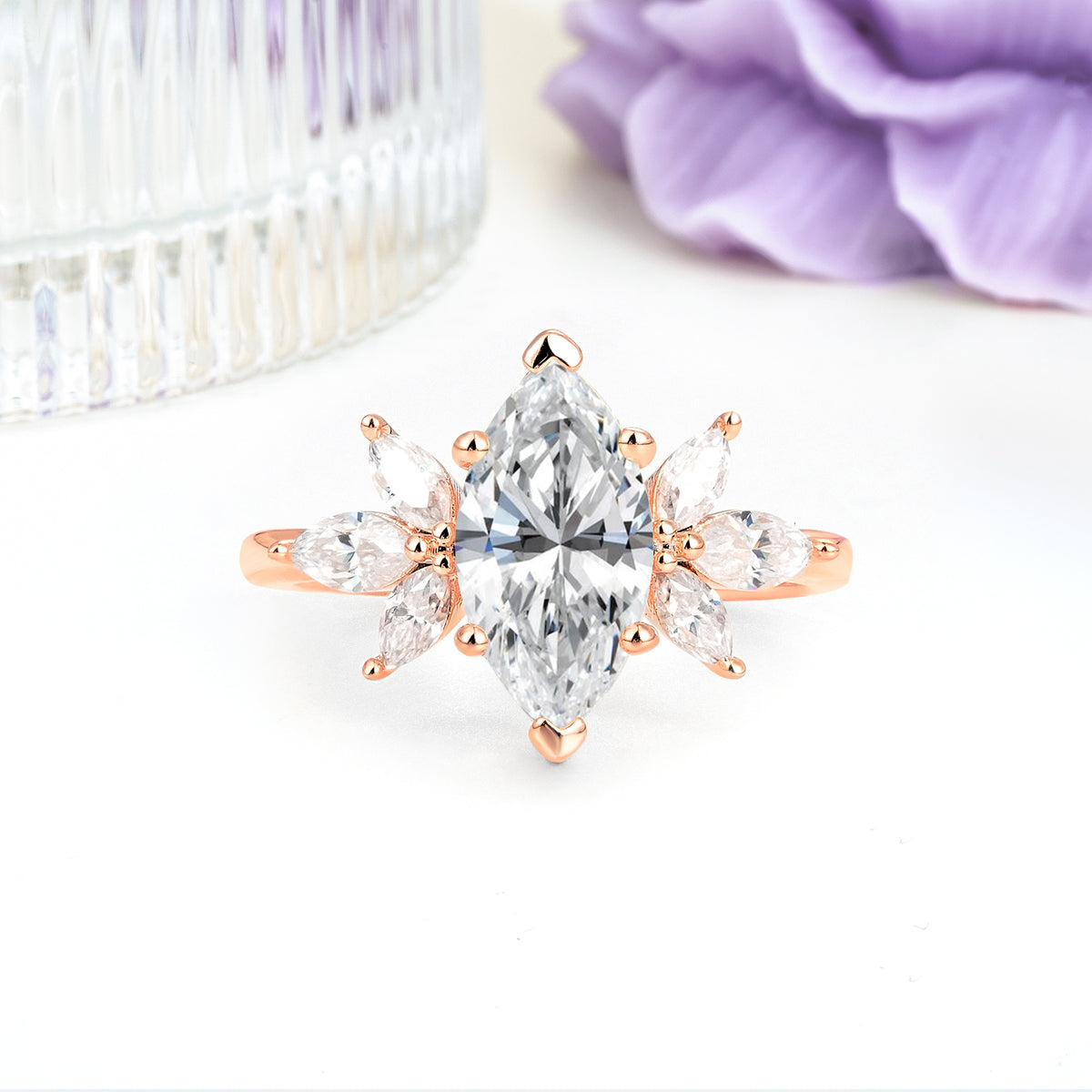 Large Marquise Center Solitaire Symmetric Three Marquise Cut Side PetalLab Diamond Engagement Ring - Additional view