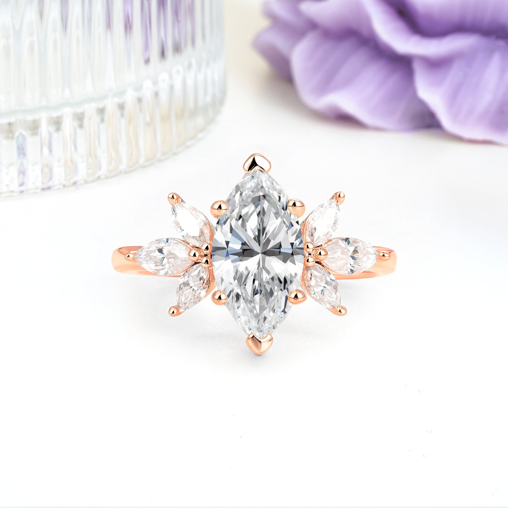 Large Marquise Center Solitaire Symmetric Three Marquise Cut Side PetalLab Diamond Engagement Ring - Additional view