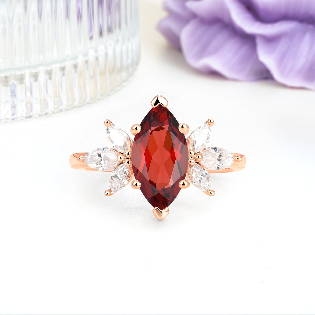 Large Marquise Center Solitaire Symmetric Three Marquise Cut Side PetalGarnet Engagement Ring - Additional view