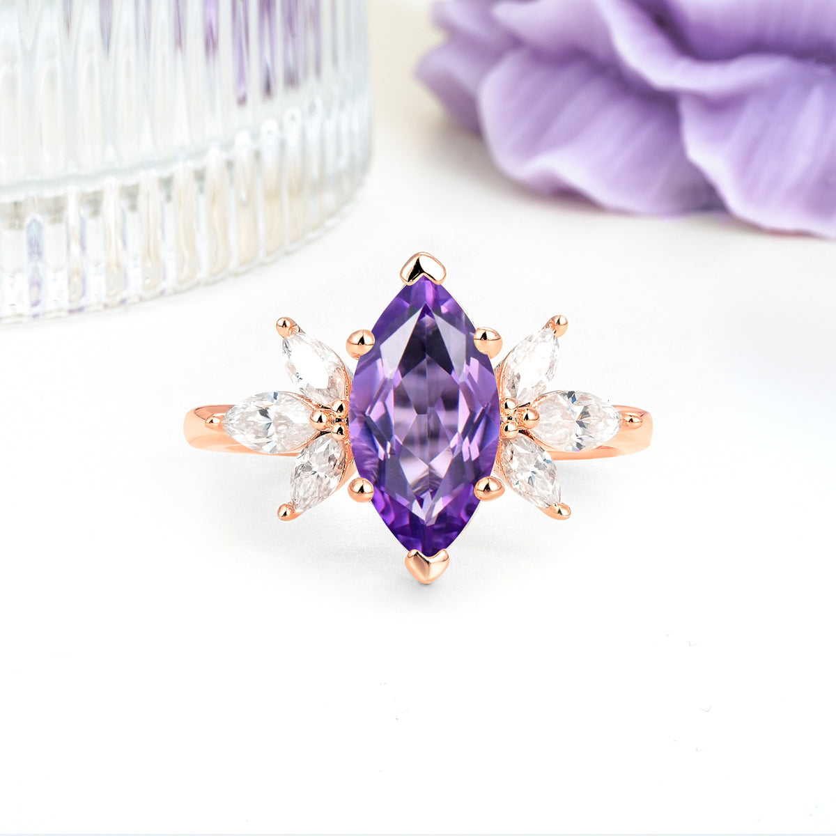 Large Marquise Center Solitaire Symmetric Three Marquise Cut Side PetalAmethyst Engagement Ring - Additional view