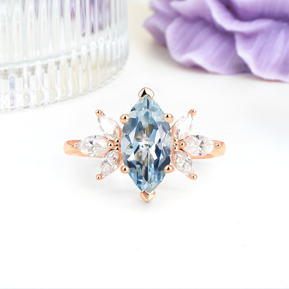 Large Marquise Center Solitaire Symmetric Three Marquise Cut Side PetalAquamarine Engagement Ring - Additional view